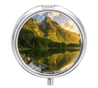 Sunset Over The Mountain Range Round Pill Box with Mirror 3 Compartment Portable Pill Case for Travel Outdoor Use Cute Small Pill Organizer for Pocket Or Purse