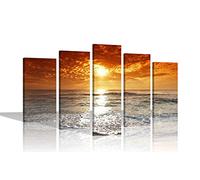 Sunset Over the Ocean Canvas Pictures Framed 5 Panel Prints Home Office Living Room Bedroom Artwork to Hang 112cm x 61cm (44x24")