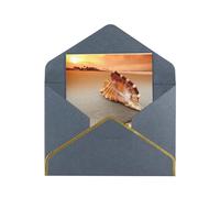 Sunset Over The Sea With The Shell Conch Elegant Pearlized Gold-Edged Greeting Card-Blank Interior,Single-Sided Print, All-Occasion Foldable Note Card With Envelope
