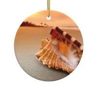 Sunset Over The Sea with The Shell Conch Print Round Xmas Ornaments, Christmas ceramic pendant Hanging for Xmas Tree Home Indoor Outdoor Decor