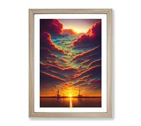 Sunset Over The Ships No.2 Framed Print | A4 Oak Framed Wall Art | Ready to Hang | Modern Landscape Picture | Living Room Bedroom Lounge Office
