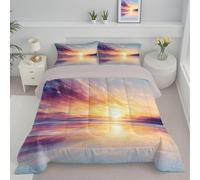 Sunset Over The Water Reversible Coverless Duvet King Dream Lake Washable Bed Quilt with Matching Pillowcase Lightweight Down Alternative Comforter Set for All Seasons, Blue, 240x220cm
