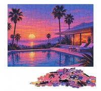 Sunset Palm Springs House Digital Art Jigsaw Puzzle for Adults, 1000 Pieces | Section-by-section building - a practical indoor pastime at home.