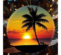 Sunset Palm Tree Ceramic Christmas Ornaments - 4 Pcs Rustic Round Xma Tree Decor with Hanging String, Personalized Vintage Double-Sided Holiday Party Decorations for Xmas Gifts