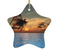 Sunset Palm Tree Ocean Printing Christmas Tree Ornaments Style, Ceramic Star With String For Decor, Verse Ceramic Star Ornament