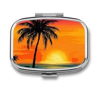 Sunset Palm Tree Pill Box 2 Compartment - Small Metal Medicine Organizer Portable Pill Case for Purse Pocket Travel Vitamin Organizer for Men Women, BPA-Free