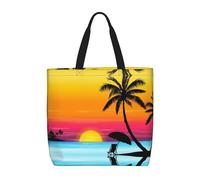 Sunset Palm Tree Print Canvas Tote Bags for Women Reusable Grocery Bag Large Gym Canvas Cloth Pouch Portable Shopping Handbag with Inner Pocket