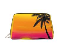 Sunset Palm Tree Print Premium Leather Toiletry Travel Pouch with Waterproof Portable Pouch Open Flat Makeup Bag