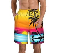 Sunset Palm Tree Print Quick Dry Shorts for Men, Lightweight Summer Beach Shorts with Pockets, Elastic Waistband White