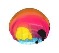 Sunset Palm Tree Print Shower Cap, Lined Shower Cap For Women Reusable, Double Layer Waterproof Bath Cap
