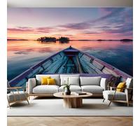 Sunset Panoramic Mural Wallpaper 390 x 260 cm Retro Wooden Boat on The Lake Wall Mural Non-Woven Art Print Wallpaper Living Room Bedroom Sofa TV Backdrop Decoration Poster Picture Photo