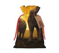 (Sunset Parent-Child Elephant) Burlap Gift Bags With Drawstring, M Size Holiday Present Goody Bags For Xmas Party