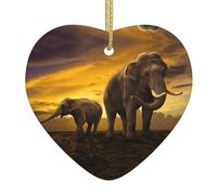 Sunset Parent-Child Elephant Printed Ceramic Christmas Heart Pendant, Christmas Tree Decoration With Gold Thread Rope