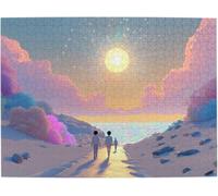 Sunset Path to Sea Pinks Clouds Glowing Sun Three Walkers Wooden Jigsaw Puzzles for Adults Puzzles Suitable for Entertaining with Family During to Friends_300pcs