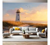 Sunset Photo Wallpaper 3D Effect Beach Lighthouse Mural Wallpaper Non-Woven Wall Mural, 350 x 256 cm Large Murals Wall Decor for Bedroom, Living Room, Kids Room
