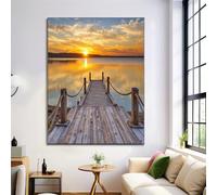 Sunset Pier Posters Decorative Painting Canvas Wall Art Natural Lake Decorative Posters, Mustard Yellow Living Room Decor Wall Pictures 24X35In (60X80Cm)