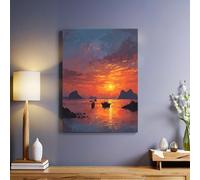 Sunset Red 1 Piece Canvas Wall Art Sailing boat at sunset on the sea 3D Printed Artwork Framed Poster Wall Decoration for Living Room Dining Room Bedroom Office Ready to Hang 50 x 40 cm