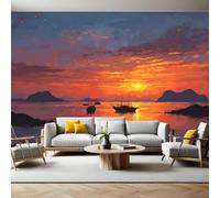Sunset Red Panoramic Mural Wallpaper 390 x 260 cm Sailing Boat at Sunset on The sea Wall Mural Non-Woven Art Print Wallpaper Living Room Bedroom Sofa TV Backdrop Decoration Poster Picture Photo