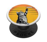 Sunset Retro Cute Tabby Cat Reaching For A Flying Disc Golf PopSockets Adhesive PopGrip
