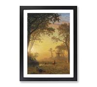 Sunset River With Deer By Albert Bierstadt Classic Painting Framed Print | A4 Black Framed Wall Art | Ready to Hang | Classic Animal Picture | Living Room Bedroom Lounge Office