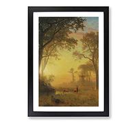 Sunset River with Deer by Albert Bierstadt Framed Print | A2 Black Framed Wall Art | Ready to Hang | Modern Animal Picture | Living Room Bedroom Lounge Office