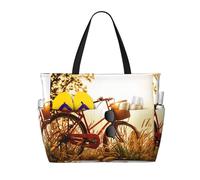 Sunset Rural View Print Large Waterproof Beach Tote Bag for Women with Zip and Pockets Foldable Handbag for Travel Pool Shopping Holiday Gym