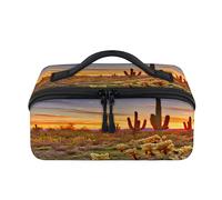 Sunset Saguaros Cactus Travel Makeup Bag Portable Tropical Cactus Waterproof Pouch Open Flat Toiletry Bags Toiletries Cosmetics Traveling Organizer for Women Men