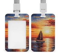 Sunset Sailboat Badge Holder with Lanyard - Waterproof Hard Plastic ID Card Holder Professional Name Tag Vertical ID Card Name Badge for Office Nurse Doctor Teacher