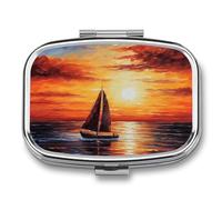 Sunset Sailboat Pill Box 2 Compartment - Small Metal Medicine Organizer Portable Pill Case for Purse Pocket Travel Vitamin Organizer for Men Women, BPA-Free