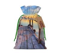 Sunset scenery Printed Christmas Drawstring Bags with Green Christmas Ribbon - Reusable Burlap Drawstring Gift Pouches, M