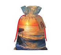 Sunset Scenery Printed Christmas Drawstring Gift Bags-Xmas Wrapping Bags,Candy Bag,For Holiday Party Decorations,Wedding Party Supplies S Red Ribbon