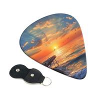 Sunset scenery Printed Guitar Picks, 6 Pack with Leather Keychain Pick Holder - 0.46mm, 0.71mm, 0.96mm Assorted Thickness for Acoustic Ukulele, Electric Guitar, Acoustic Guitar, Bass
