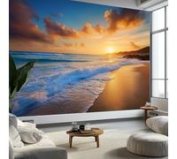 Sunset Sea Beach Landscape Murals Light Yellow Photo Wallpaper, Non-Woven Wall Murals for Bedroom Living Room Decor 200x140cm Kids Room Background Wall Decorative (Not Self-Adhesive)