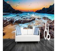 Sunset Sea Beach Mountain Birds Modern 3D Wallpaper Premium Textured Silk Neutral Tones Material Ideal for Living Room Bedroom-350cm×256cm