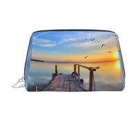 Sunset Sea Print Makeup Bag Portable Leather Waterproof Cosmetic Bag Clutch Makeup Brush Bag (6.7x4.3in)