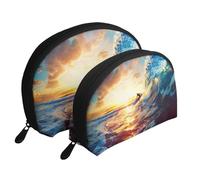 Sunset Sea Surfing Seascape Print Small Purses 2Pcs Portable Coin Purse Makeup Bag Soft Vacation Pouch Change Holder Wallet with Zipper Portable for Shopping Travel Party Cosmetic Bag