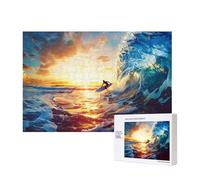 Sunset Sea Surfing Seascape Printed 300 Pieces Jigsaw Puzzle with Storage Box, Wooden Puzzle for Adults and Kids, Family Fun Decorative Game, 40x28 CM