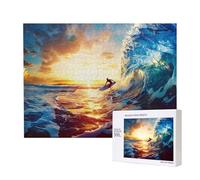 Sunset Sea Surfing Seascape Printed 500 Pieces Jigsaw Puzzle with Storage Box, Wooden Puzzle for Adults and Kids, Family Fun Decorative Game, 52x38 CM