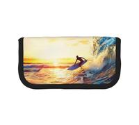Sunset Sea Surfing Seascape Printed Canvas Pencil Case, Spacious Pen Pouch for School, Office and Travel
