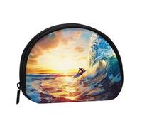 Sunset Sea Surfing Seascape Printed Coin Purse Wallet, Shell Shape Mini Change Pouch Holder for Men Women