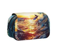 Sunset Sea Surfing Seascape Printed Flip Pencil Case with 2 Compartments, Large Capacity, Portable Stationery Organizer for School, Travel and Art