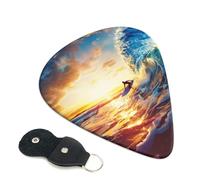 Sunset Sea Surfing Seascape Printed Guitar Picks, 6 Pack with Leather Keychain Pick Holder - 0.46mm, 0.71mm, 0.96mm Assorted Thickness for Acoustic Ukulele, Electric Guitar, Acoustic Guitar, Bass