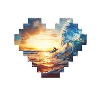 Sunset Sea Surfing Seascape Printed Jigsaw Puzzle 10.8x12.8 CM, Heart-Shaped Puzzle Challenging Game for Adults, Fun Decorative Wall Decor
