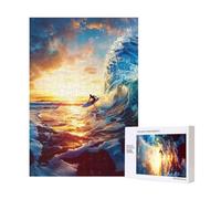 Sunset Sea Surfing Seascape Printed Jigsaw Puzzle with Storage Box, Wooden Puzzle for Adults and Kids, 300 Pieces Family Fun Decorative Game, 28x40 CM