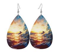 Sunset Sea Surfing Seascape Printed Leather Earring For Women,Teardrop Dangle Earrings For Women Friends Valentine Birthday Party Christmas Gifts