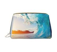 Sunset Sea Surfing Seascape Printed Leather Makeup Bag for Women Girls - Small Portable Travel Cosmetic Organiser Toiletry Bag