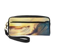 Sunset Sea Surfing Seascape Printed Leather Makeup Bags with Wrist Strap Portable Travel Toiletry Bag Cosmetic Organizer Bag for Women