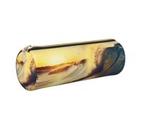 Sunset Sea Surfing Seascape Printed Leather Pencil Case Cute Stationery Organizer Round Makeup Bag Pen Pouch, Gold Zipper