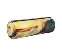 Sunset Sea Surfing Seascape Printed Leather Pencil Case Cute Stationery Organizer Round Makeup Bag Pen Pouch, Silver Zipper