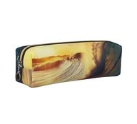 Sunset Sea Surfing Seascape Printed Leather Pencil Case Cute Stationery Organizer Simple Makeup Bag Pen Pouch, Gold Zipper
